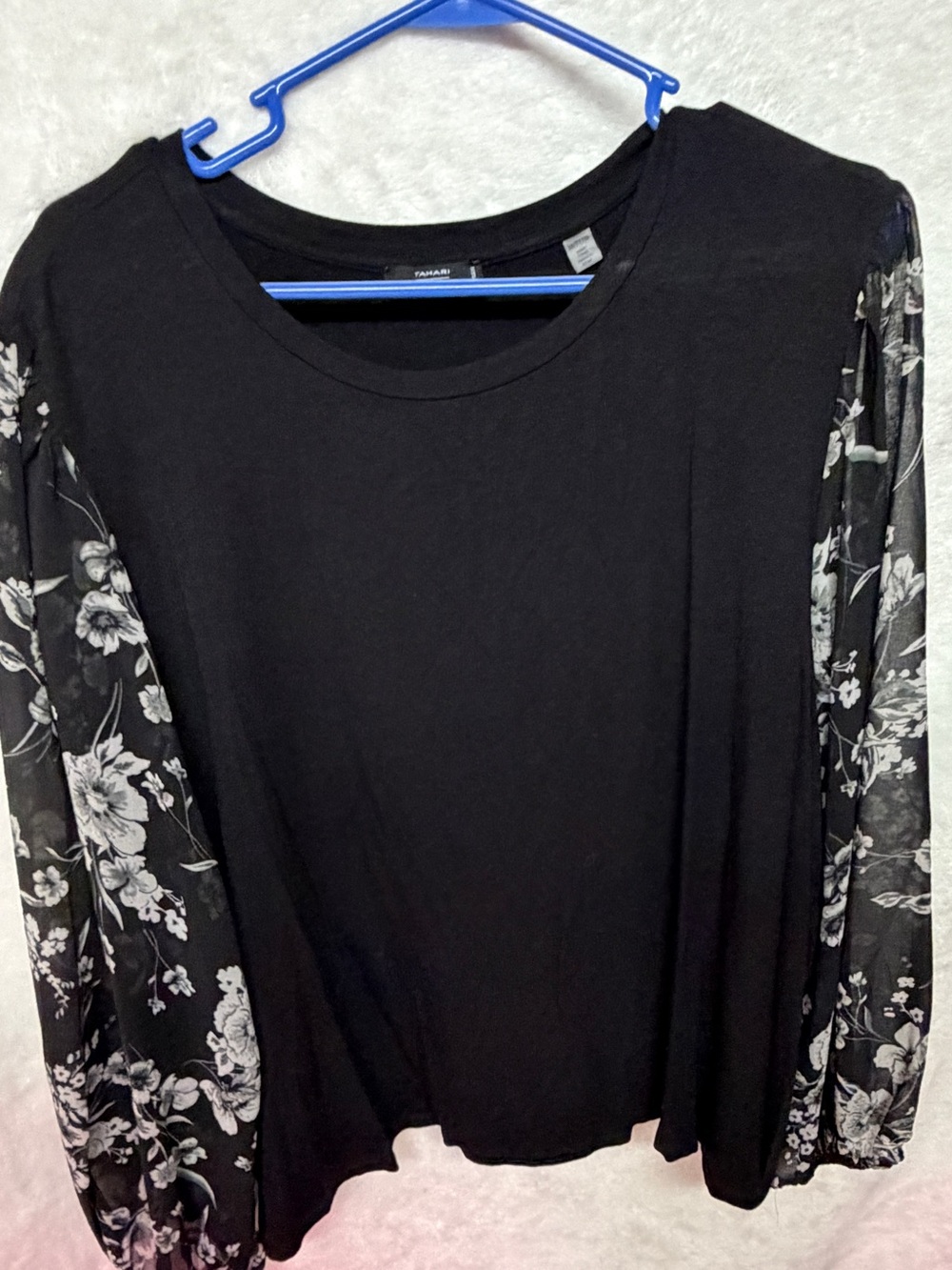 Tahari Black Top with Sheer Floral Long Sleeves XL